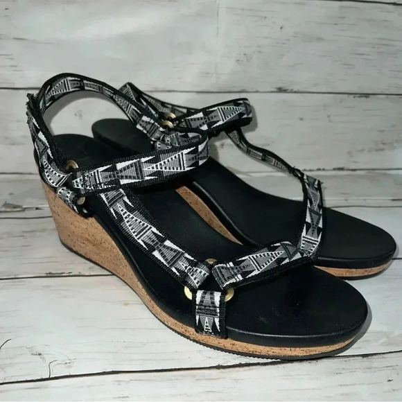 Teva Arrabelle Aztec Cork Wedge Sandals Women’s Size 11 Black - Picture 1 of 7